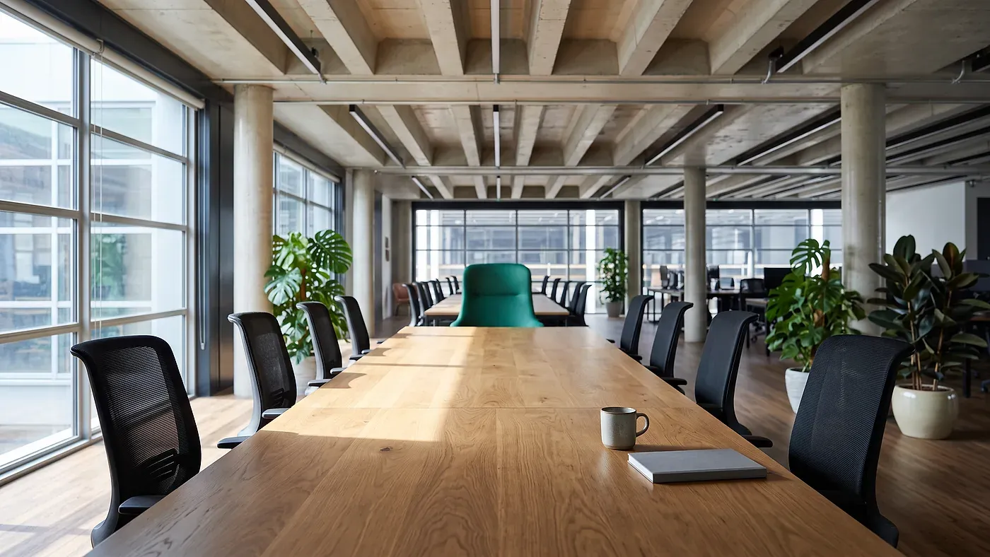 An empty meeting table in morning light with chairs pulled in.