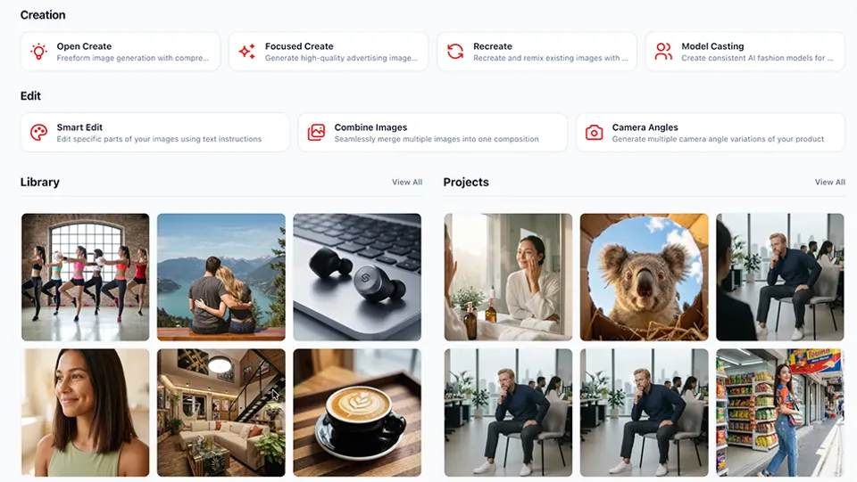 Adverra dashboard: creation and editing tools above a library of generated marketing images