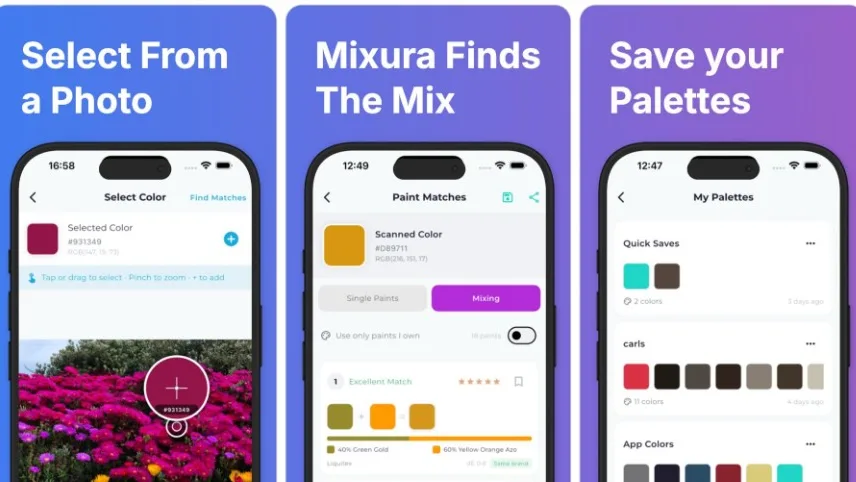 Three Mixura app screens: selecting a colour from a photo, the paint mix Mixura finds for it, and saved palettes